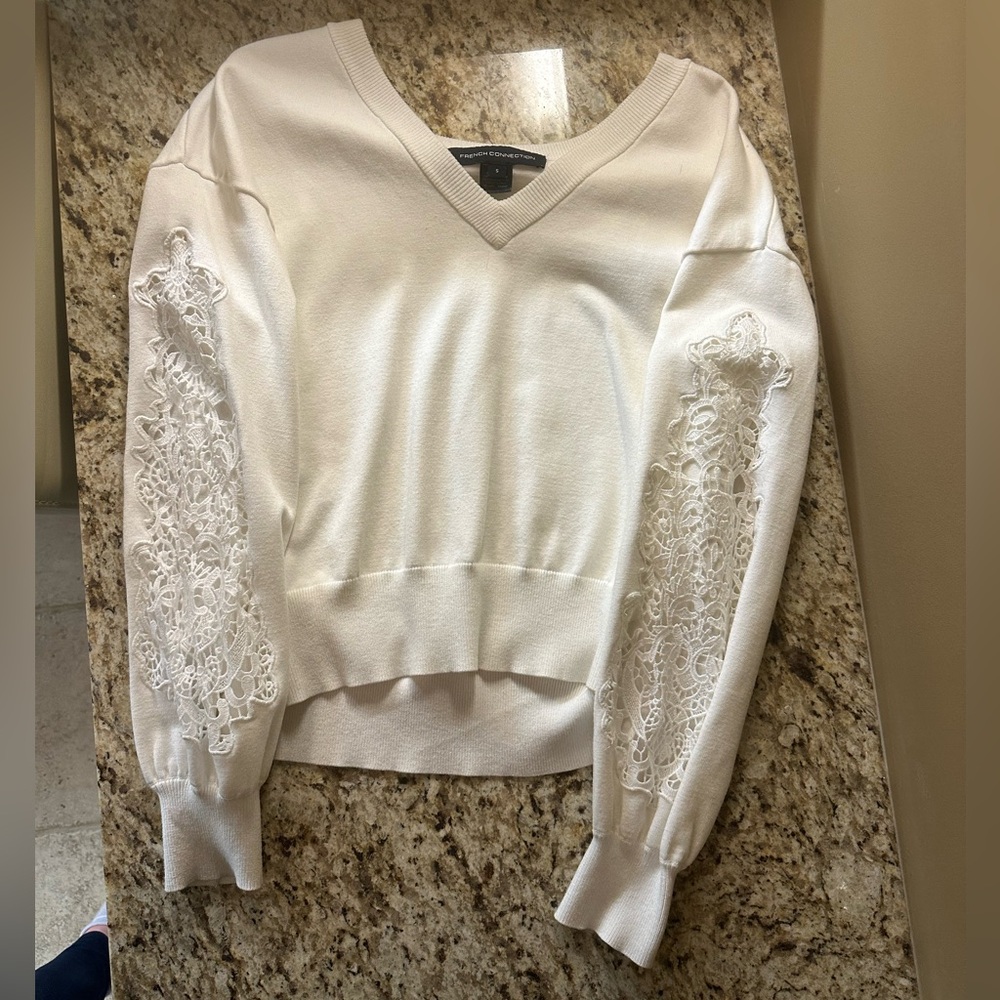 French Connection White V-Neck Sweater with Lace Sleeves